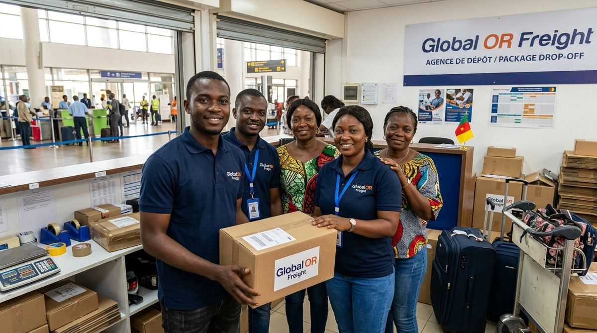 Équipe souriante avec un colis Global OR Freight