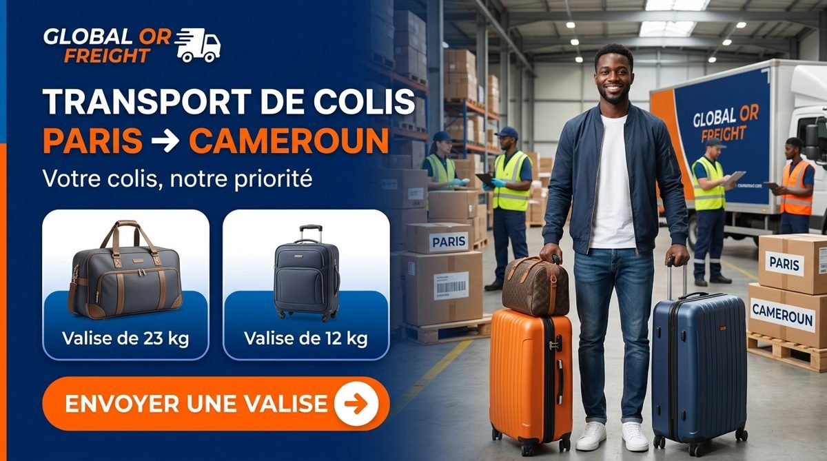 Entrepôt Global OR Freight avec colis étiquetés Paris et Cameroun