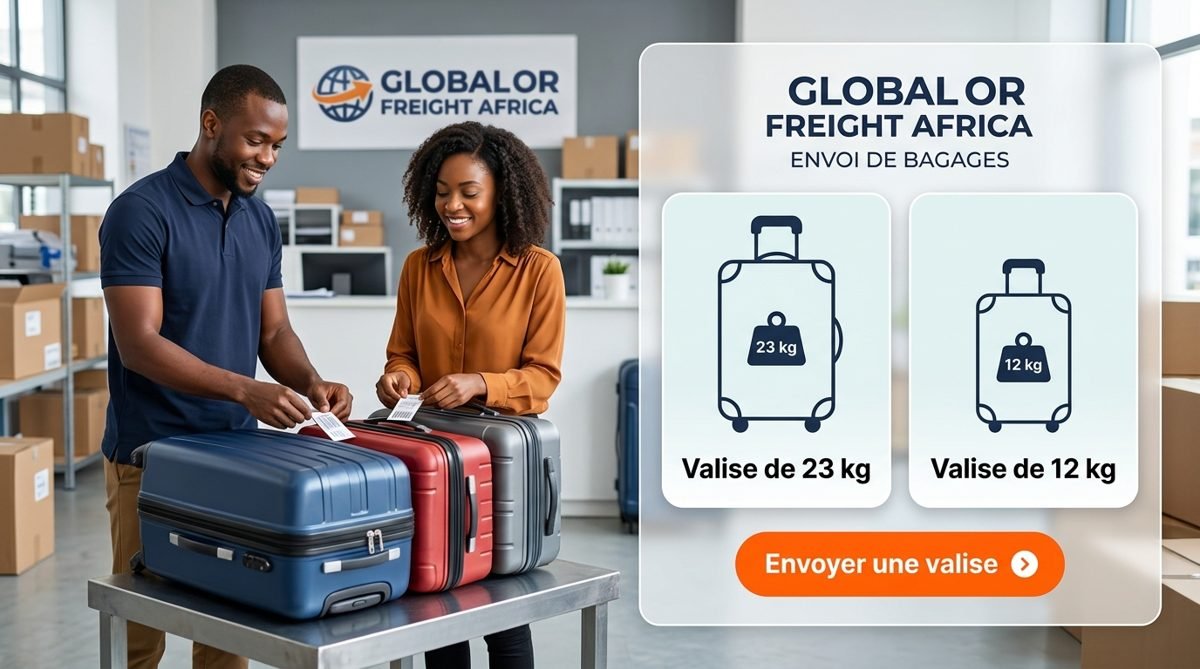 Deux agents étiquetant des valises dans les locaux de Global OR Freight Africa
