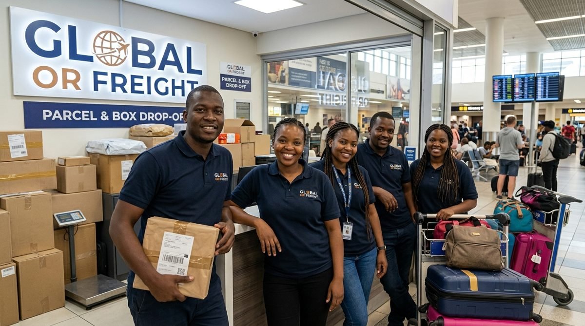 Équipe devant l'agence de dépôt de colis